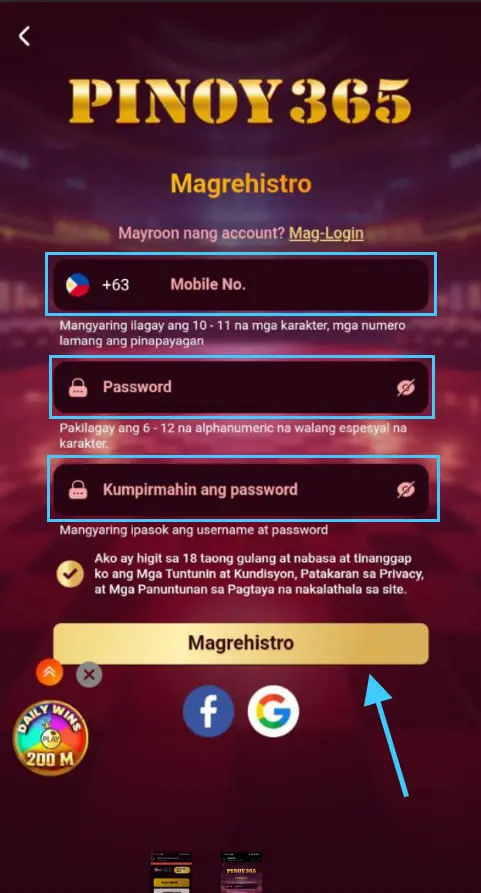 Inputting Mobile Number and Password on PINOY365